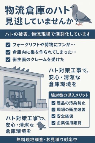 物流倉庫さまへのご案内 「物流倉庫の鳩害、見逃していませんか？ 現場の衛生と荷物を守るための“鳩対策工事”」